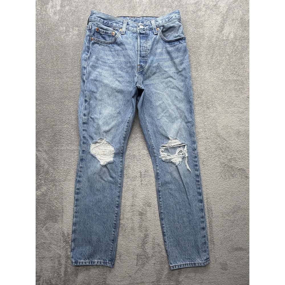 Levis 501 Jeans Womens Measured 29x29 Light Blue Straight Distressed‎ Button Fly